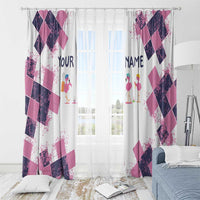 Golf Flamingo Friends Window Curtain Pink Argyle Pattern and Custom Name Text on White and Rose Color Block - Wonder Print Shop