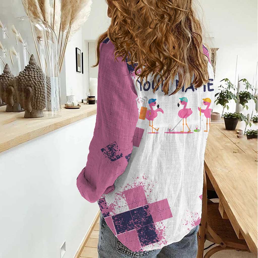 Golf Flamingo Friends Women Casual Shirt Pink Argyle Pattern and Custom Name Text on White and Rose Color Block - Wonder Print Shop
