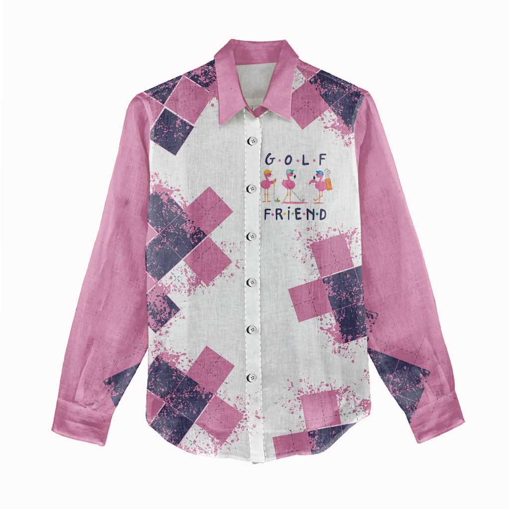 Golf Flamingo Friends Women Casual Shirt Pink Argyle Pattern and Custom Name Text on White and Rose Color Block - Wonder Print Shop