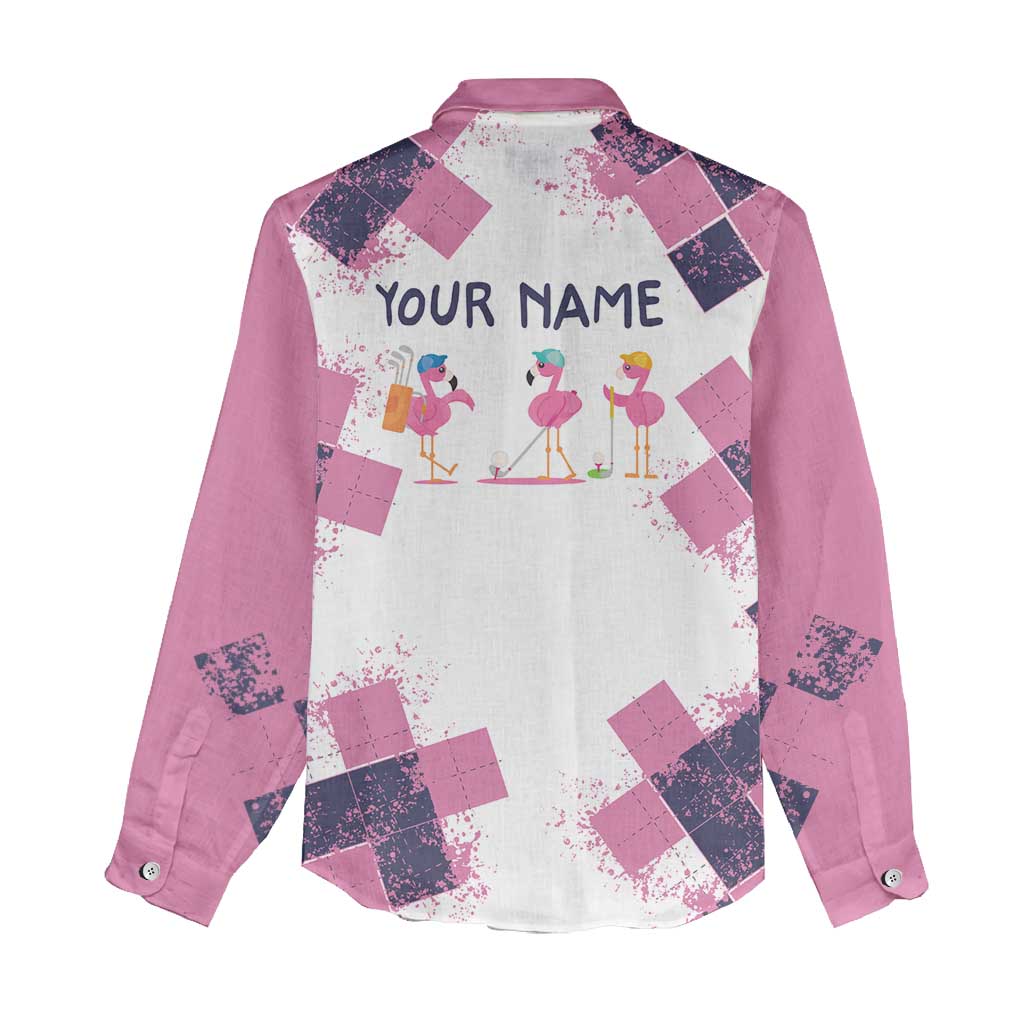 Golf Flamingo Friends Women Casual Shirt Pink Argyle Pattern and Custom Name Text on White and Rose Color Block - Wonder Print Shop