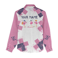 Golf Flamingo Friends Women Casual Shirt Pink Argyle Pattern and Custom Name Text on White and Rose Color Block - Wonder Print Shop