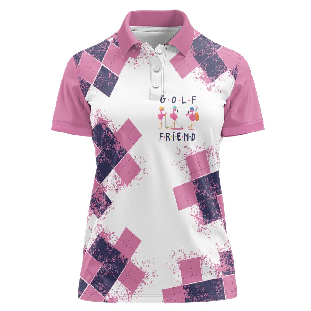Golf Flamingo Friends Women Polo Shirt Pink Argyle Pattern and Custom Name Text on White and Rose Color Block - Wonder Print Shop