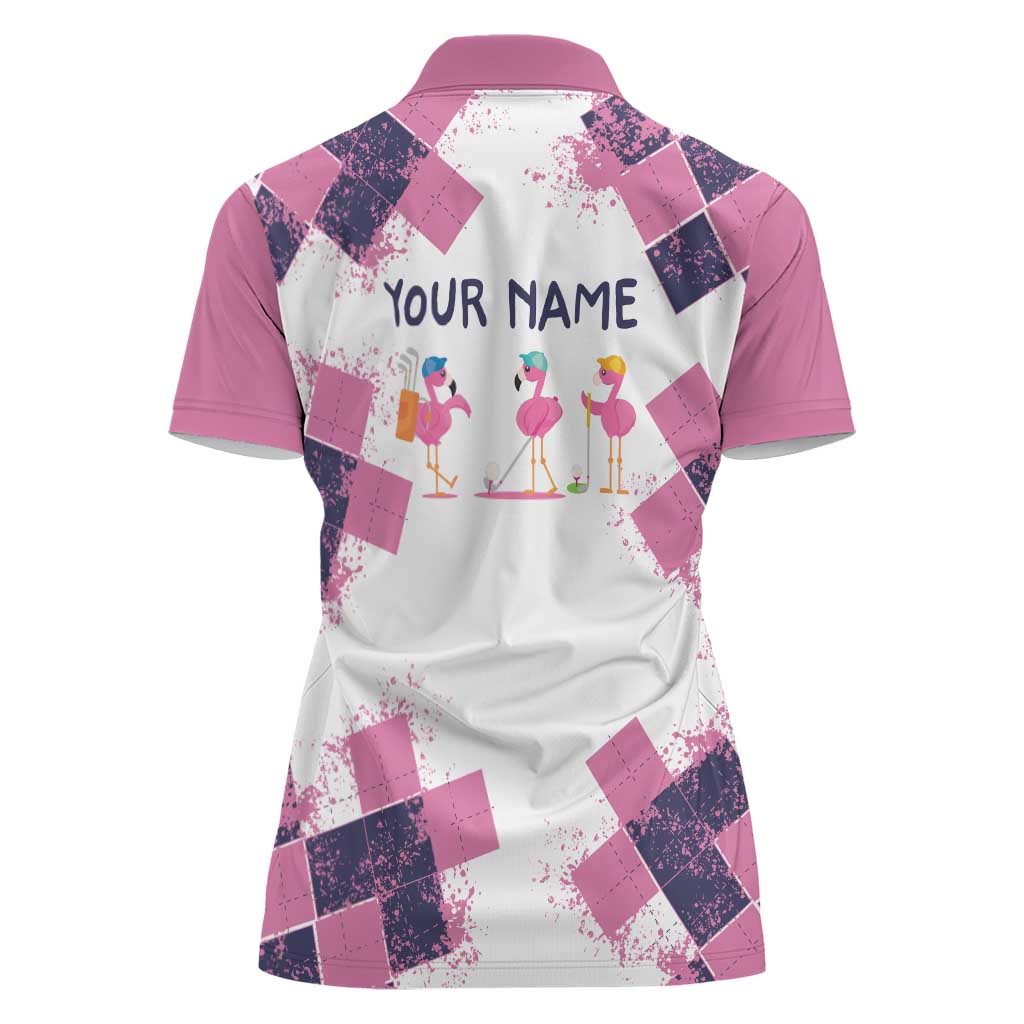 Golf Flamingo Friends Women Polo Shirt Pink Argyle Pattern and Custom Name Text on White and Rose Color Block - Wonder Print Shop