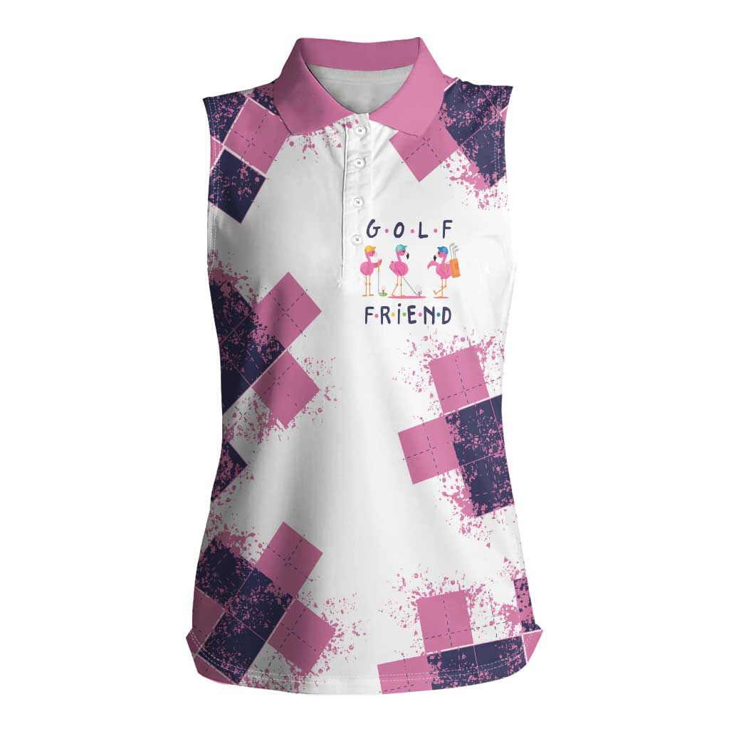 Golf Flamingo Friends Women Sleeveless Polo Shirt Pink Argyle Pattern and Custom Name Text on White and Rose Color Block - Wonder Print Shop