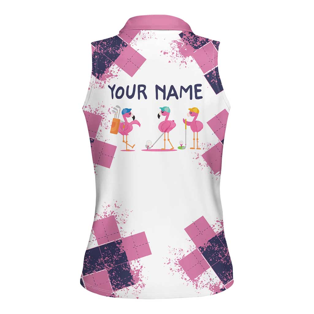 Golf Flamingo Friends Women Sleeveless Polo Shirt Pink Argyle Pattern and Custom Name Text on White and Rose Color Block - Wonder Print Shop