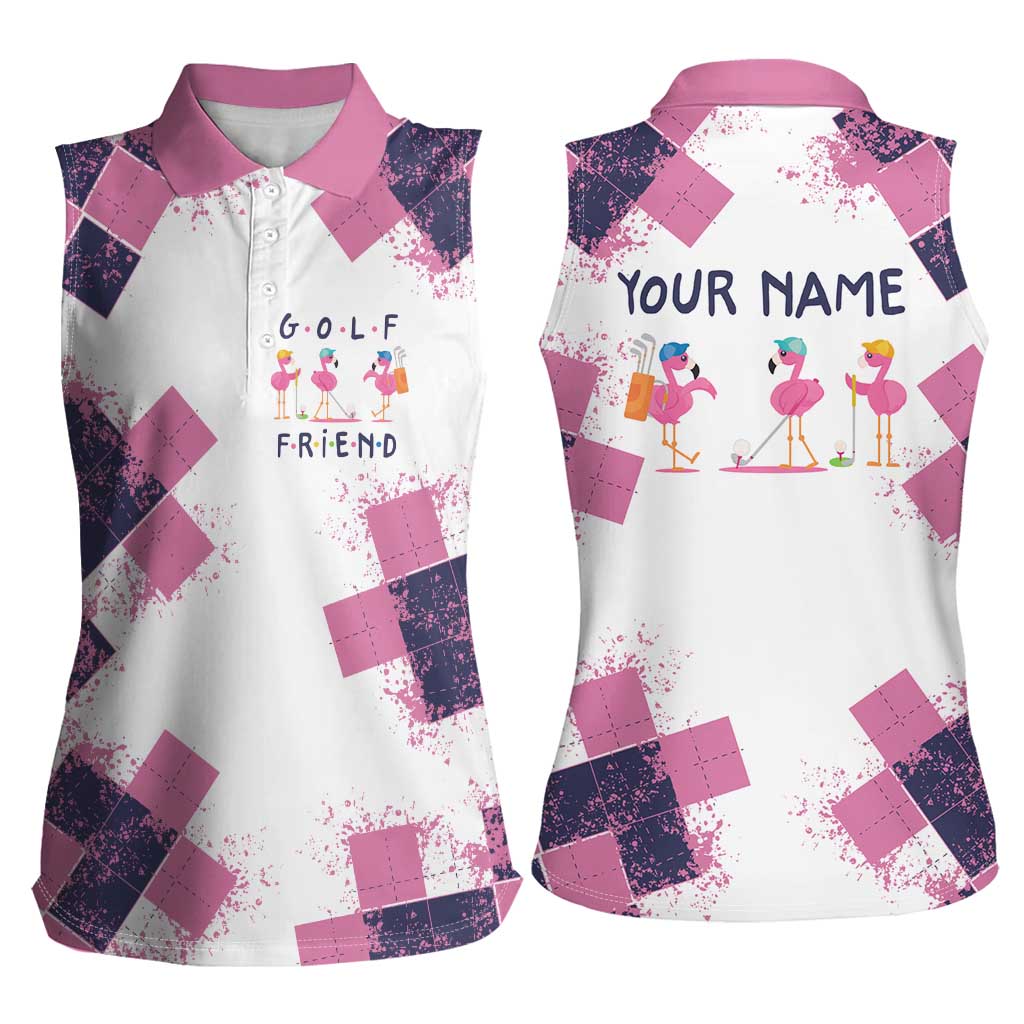 Golf Flamingo Friends Women Sleeveless Polo Shirt Pink Argyle Pattern and Custom Name Text on White and Rose Color Block - Wonder Print Shop