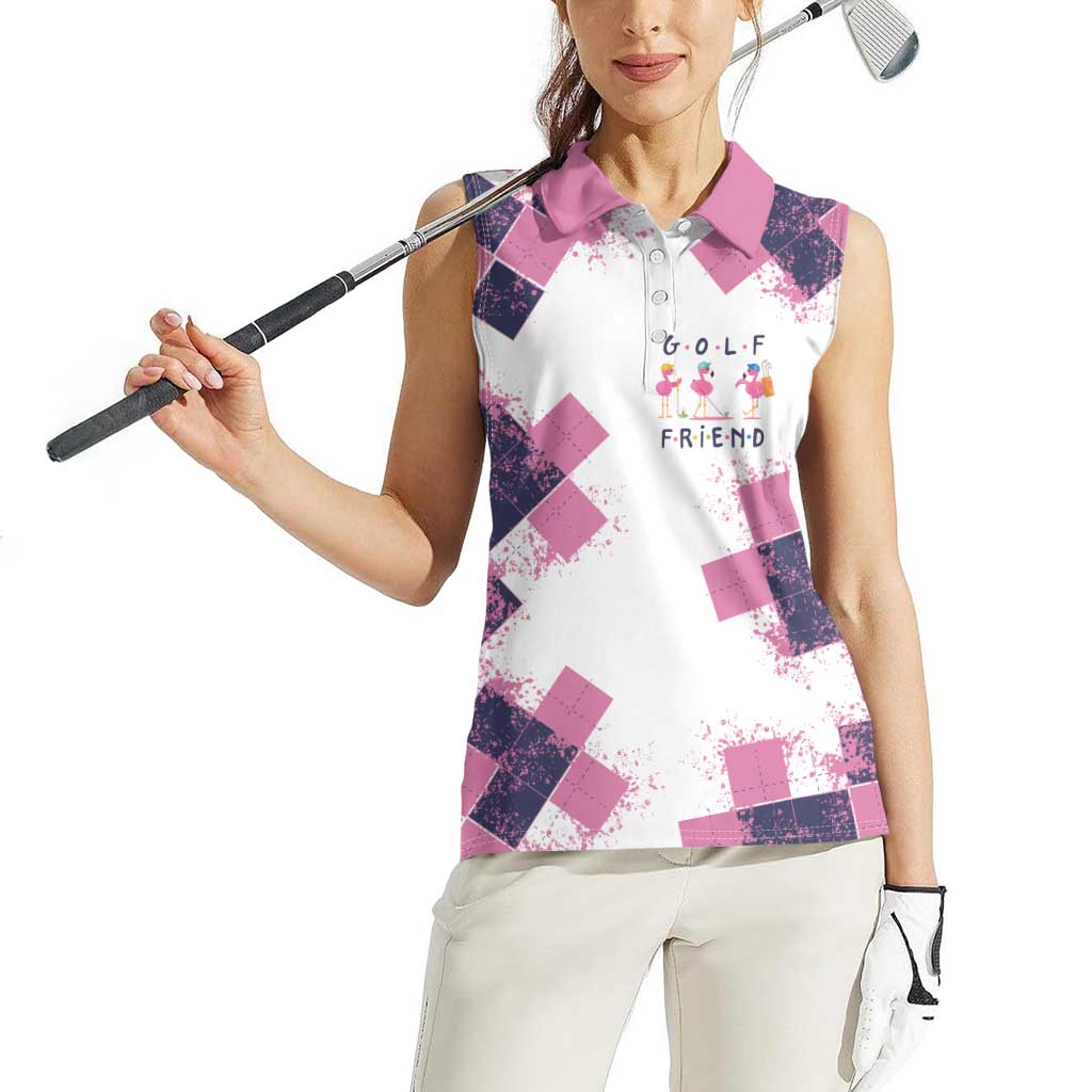Golf Flamingo Friends Women Sleeveless Polo Shirt Pink Argyle Pattern and Custom Name Text on White and Rose Color Block - Wonder Print Shop