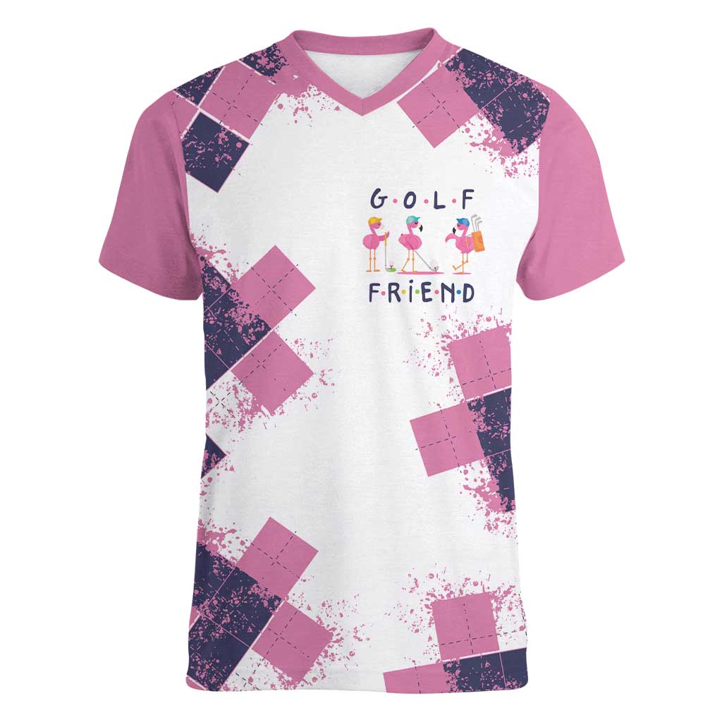 Golf Flamingo Friends Women V-Neck T-Shirt Pink Argyle Pattern and Custom Name Text on White and Rose Color Block - Wonder Print Shop
