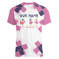 Golf Flamingo Friends Women V-Neck T-Shirt Pink Argyle Pattern and Custom Name Text on White and Rose Color Block - Wonder Print Shop