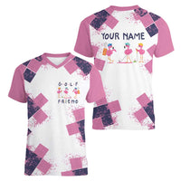 Golf Flamingo Friends Women V-Neck T-Shirt Pink Argyle Pattern and Custom Name Text on White and Rose Color Block - Wonder Print Shop