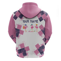Golf Flamingo Friends Zip Hoodie Pink Argyle Pattern and Custom Name Text on White and Rose Color Block - Wonder Print Shop
