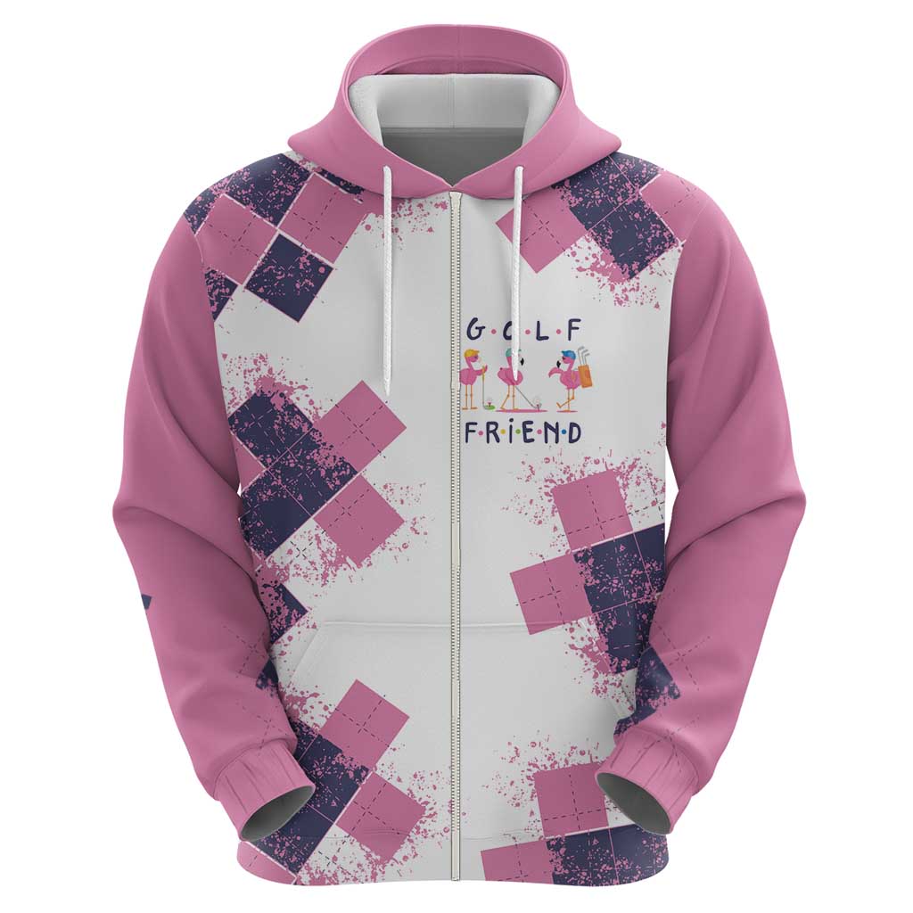 Golf Flamingo Friends Zip Hoodie Pink Argyle Pattern and Custom Name Text on White and Rose Color Block - Wonder Print Shop