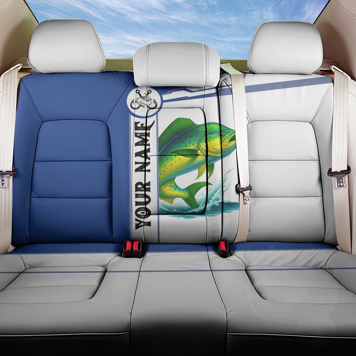 Mahi Mahi Fish Back Car Seat Cover Nautical Anchors and Wave Splash on White and Blue Split Background - Wonder Print Shop
