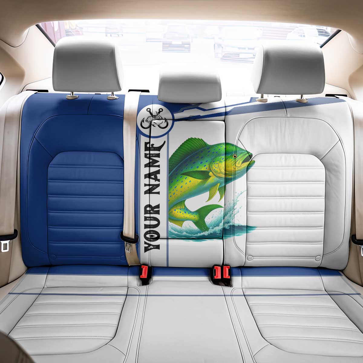 Mahi Mahi Fish Back Car Seat Cover Nautical Anchors and Wave Splash on White and Blue Split Background - Wonder Print Shop