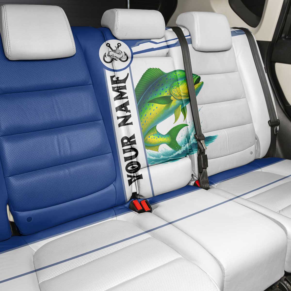 Mahi Mahi Fish Back Car Seat Cover Nautical Anchors and Wave Splash on White and Blue Split Background - Wonder Print Shop