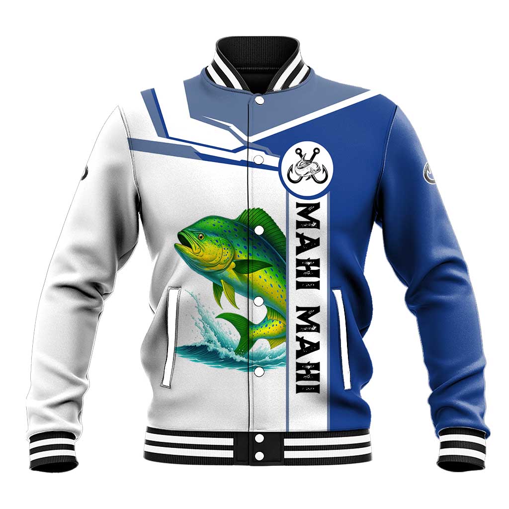 Mahi Mahi Fish Baseball Jacket Nautical Anchors and Wave Splash on White and Blue Split Background - Wonder Print Shop