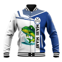 Mahi Mahi Fish Baseball Jacket Nautical Anchors and Wave Splash on White and Blue Split Background - Wonder Print Shop