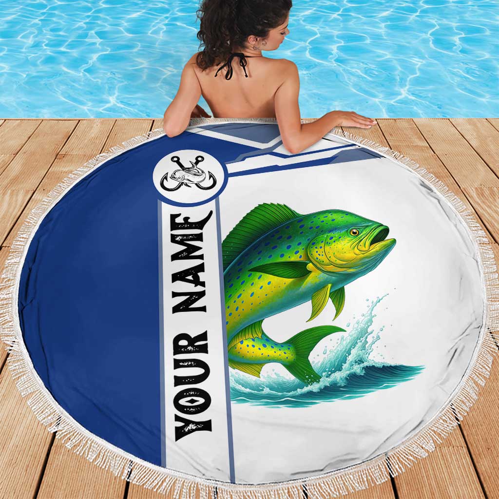 Mahi Mahi Fish Beach Blanket Nautical Anchors and Wave Splash on White and Blue Split Background - Wonder Print Shop