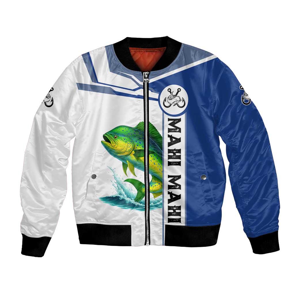 Mahi Mahi Fish Bomber Jacket Nautical Anchors and Wave Splash on White and Blue Split Background - Wonder Print Shop