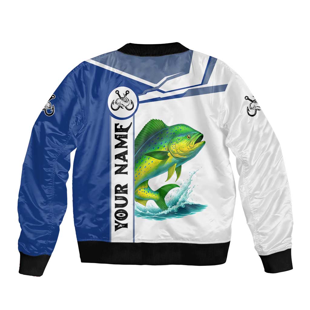 Mahi Mahi Fish Bomber Jacket Nautical Anchors and Wave Splash on White and Blue Split Background - Wonder Print Shop