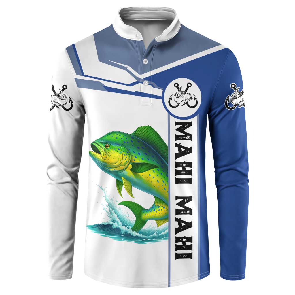 Mahi Mahi Fish Button Sweatshirt Nautical Anchors and Wave Splash on White and Blue Split Background - Wonder Print Shop
