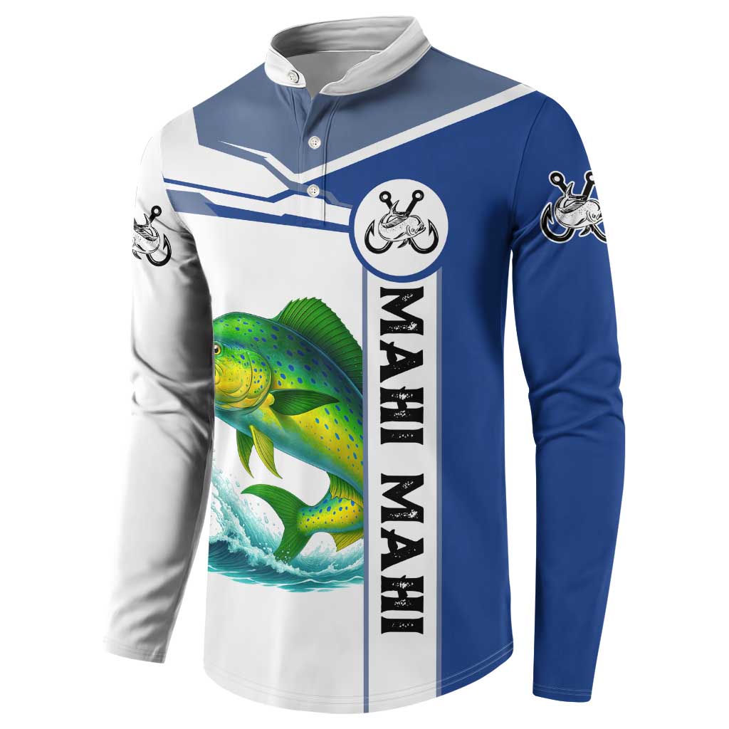 Mahi Mahi Fish Button Sweatshirt Nautical Anchors and Wave Splash on White and Blue Split Background - Wonder Print Shop