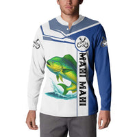 Mahi Mahi Fish Button Sweatshirt Nautical Anchors and Wave Splash on White and Blue Split Background - Wonder Print Shop