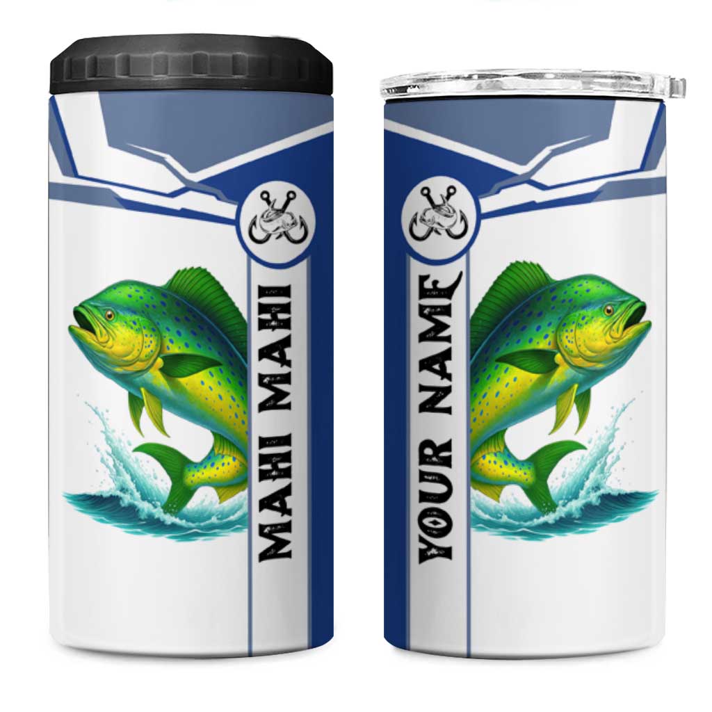 Mahi Mahi Fish 4 in 1 Can Cooler Tumbler Nautical Anchors and Wave Splash on White and Blue Split Background - Wonder Print Shop