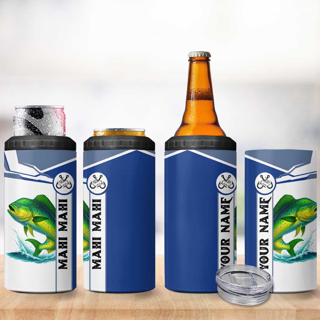 Mahi Mahi Fish 4 in 1 Can Cooler Tumbler Nautical Anchors and Wave Splash on White and Blue Split Background - Wonder Print Shop