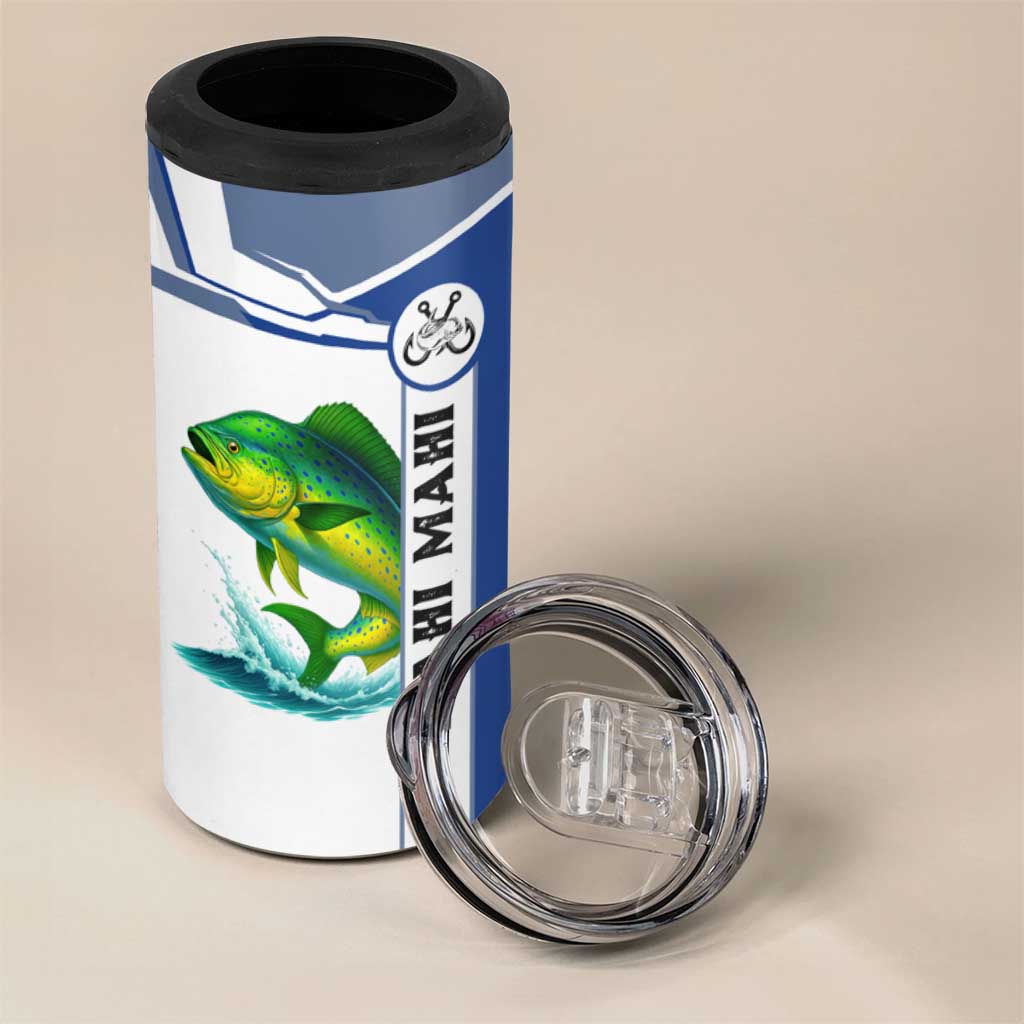 Mahi Mahi Fish 4 in 1 Can Cooler Tumbler Nautical Anchors and Wave Splash on White and Blue Split Background - Wonder Print Shop