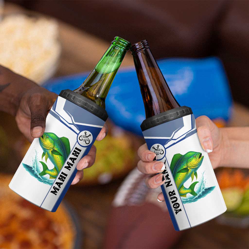 Mahi Mahi Fish 4 in 1 Can Cooler Tumbler Nautical Anchors and Wave Splash on White and Blue Split Background - Wonder Print Shop