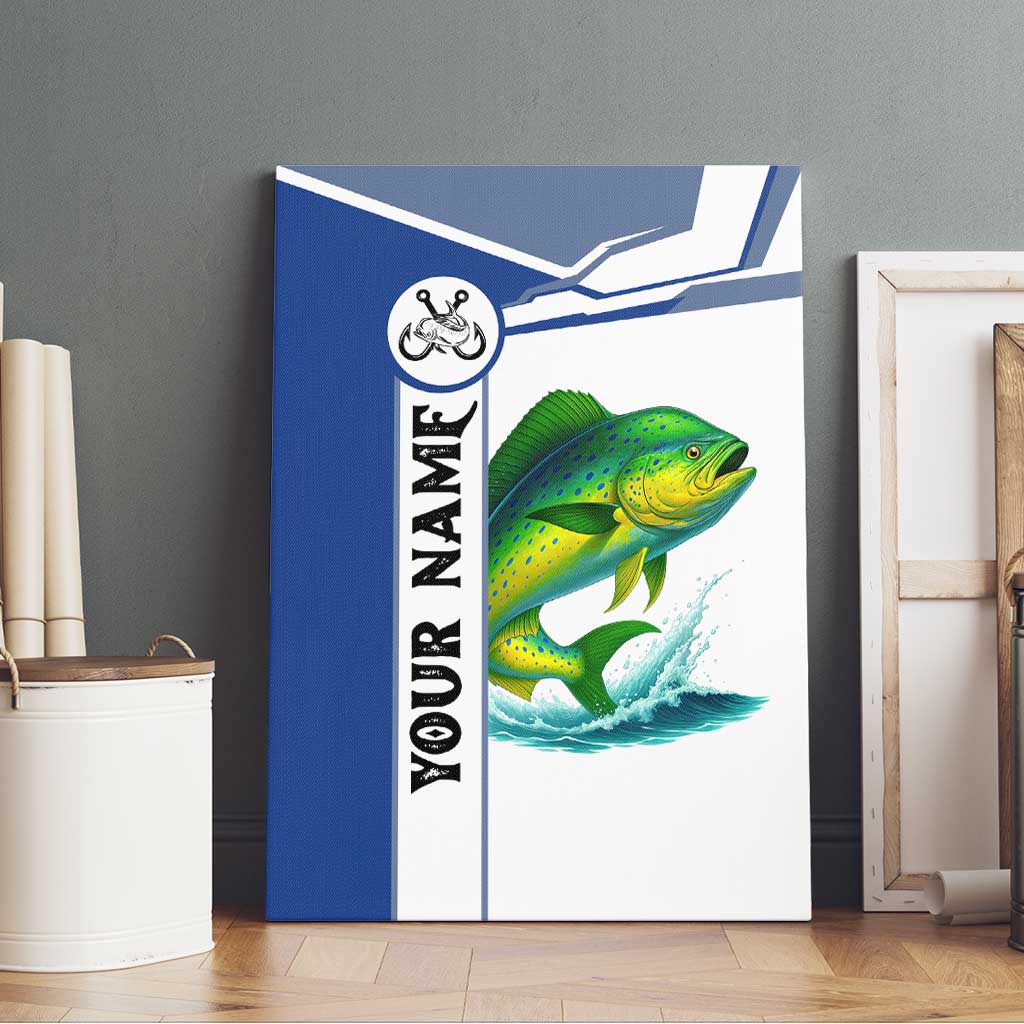 Mahi Mahi Fish Canvas Wall Art Nautical Anchors and Wave Splash on White and Blue Split Background - Wonder Print Shop