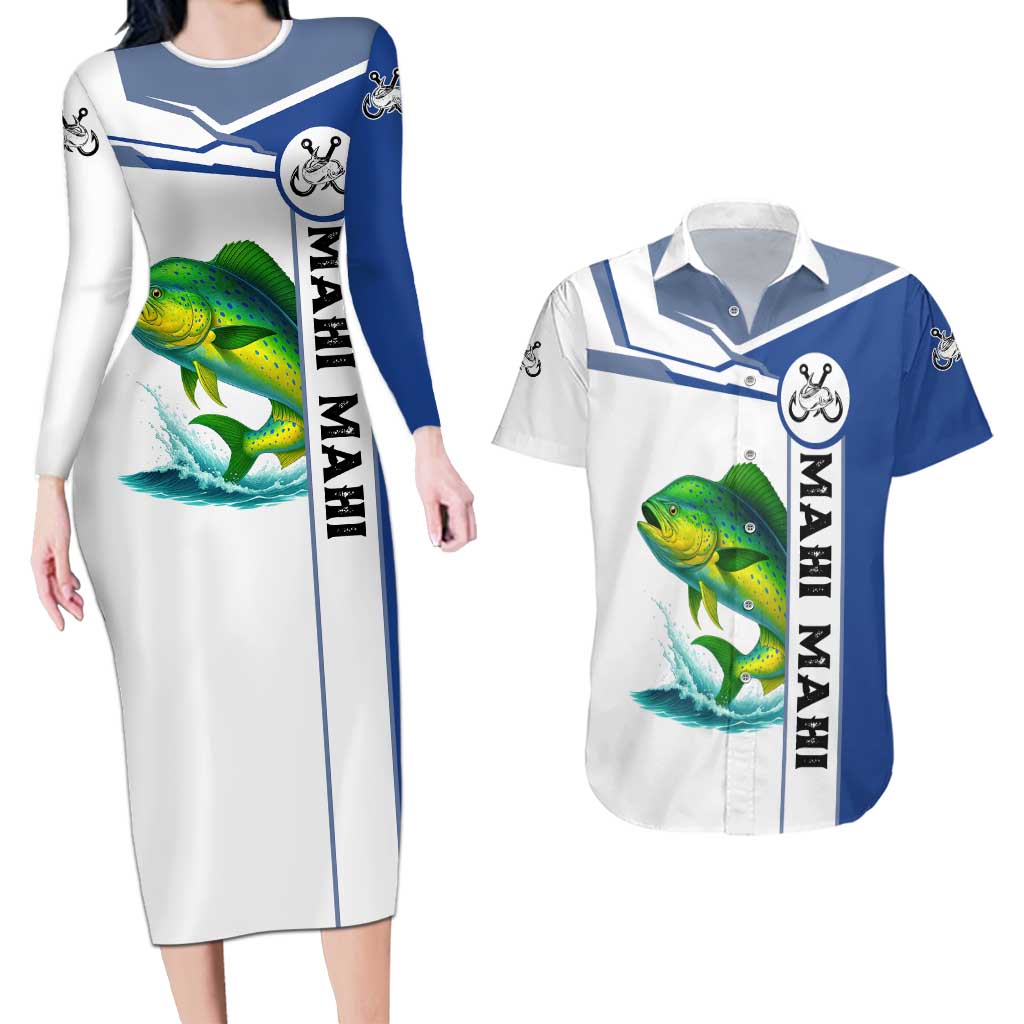Mahi Mahi Fish Couples Matching Long Sleeve Bodycon Dress and Hawaiian Shirt Nautical Anchors and Wave Splash on White and Blue Split Background - Wonder Print Shop