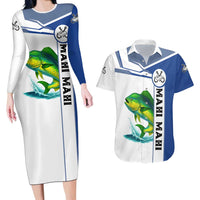 Mahi Mahi Fish Couples Matching Long Sleeve Bodycon Dress and Hawaiian Shirt Nautical Anchors and Wave Splash on White and Blue Split Background - Wonder Print Shop
