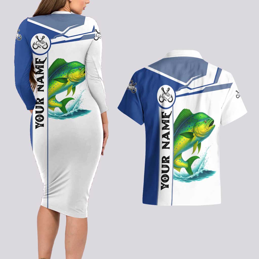Mahi Mahi Fish Couples Matching Long Sleeve Bodycon Dress and Hawaiian Shirt Nautical Anchors and Wave Splash on White and Blue Split Background - Wonder Print Shop