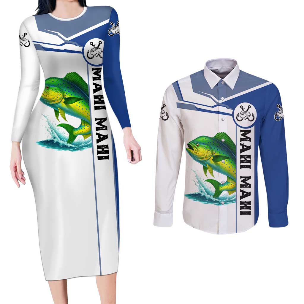 Mahi Mahi Fish Couples Matching Long Sleeve Bodycon Dress and Long Sleeve Button Shirt Nautical Anchors and Wave Splash on White and Blue Split Background - Wonder Print Shop