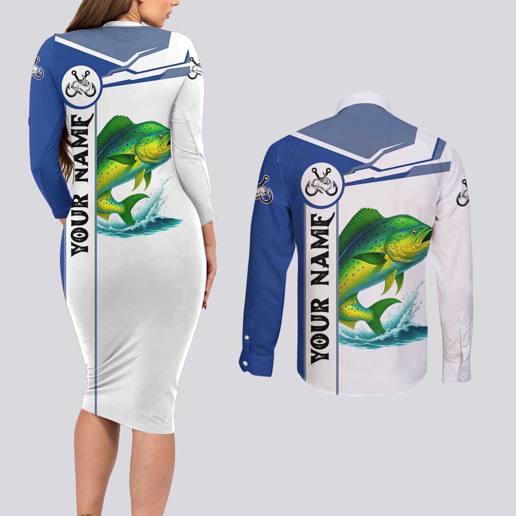 Mahi Mahi Fish Couples Matching Long Sleeve Bodycon Dress and Long Sleeve Button Shirt Nautical Anchors and Wave Splash on White and Blue Split Background - Wonder Print Shop