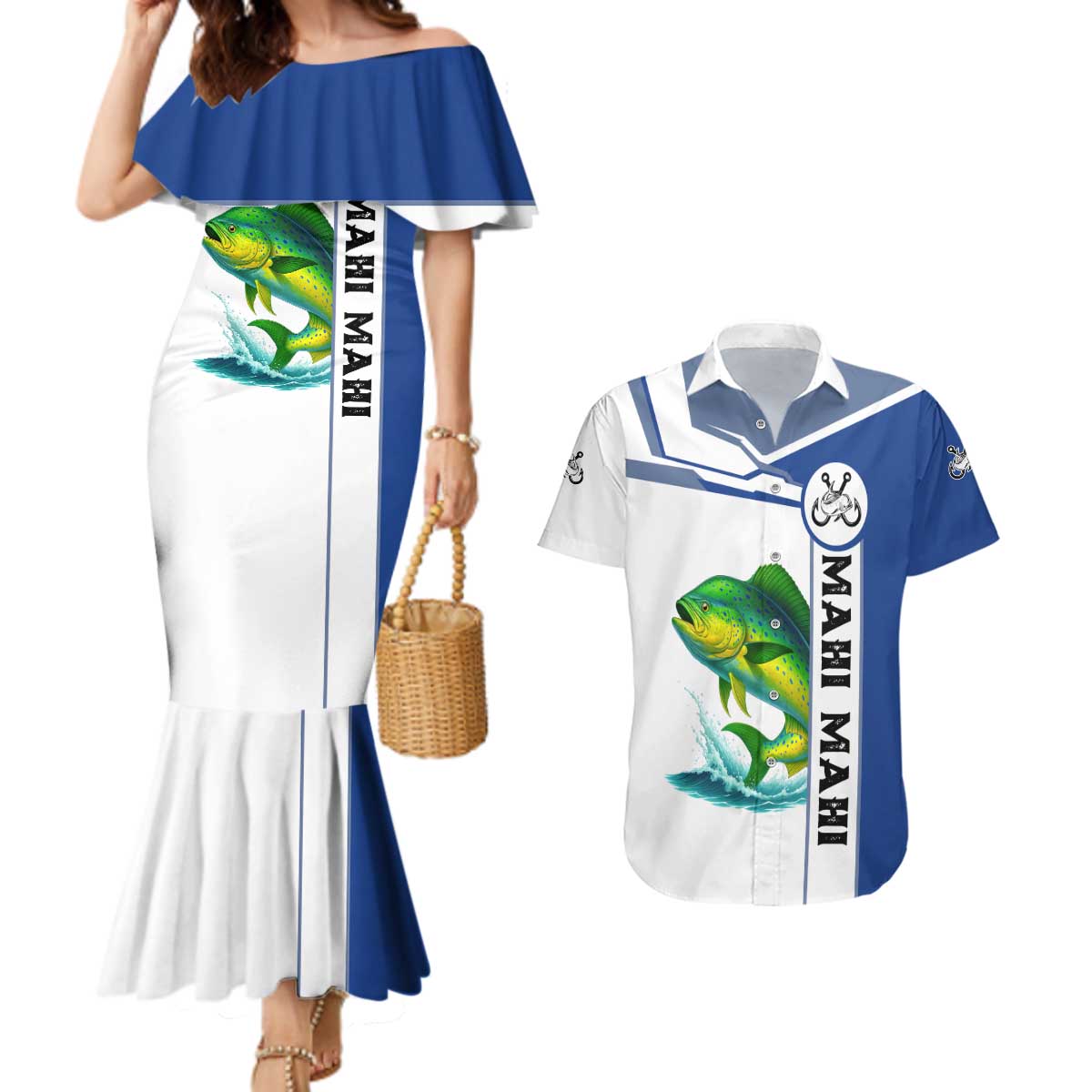 Mahi Mahi Fish Couples Matching Mermaid Dress and Hawaiian Shirt Nautical Anchors and Wave Splash on White and Blue Split Background - Wonder Print Shop