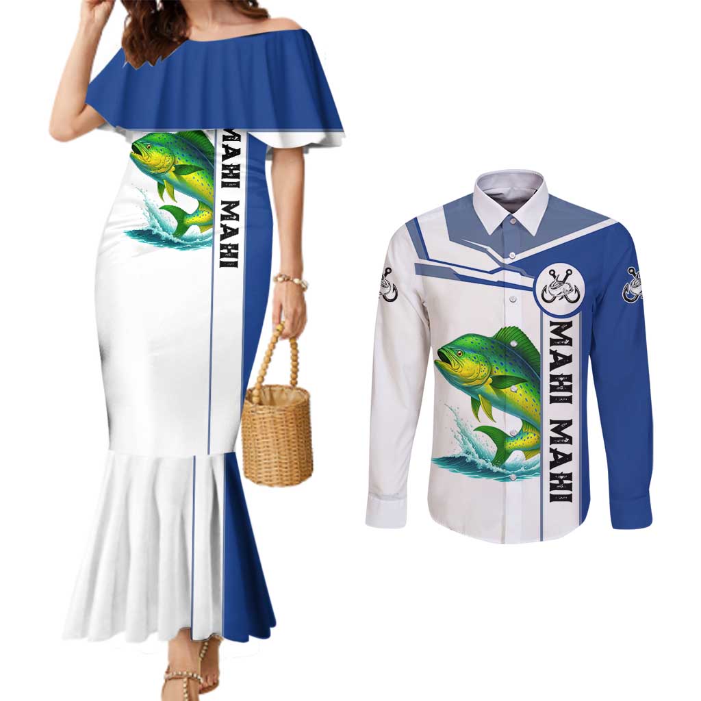 Mahi Mahi Fish Couples Matching Mermaid Dress and Long Sleeve Button Shirt Nautical Anchors and Wave Splash on White and Blue Split Background - Wonder Print Shop