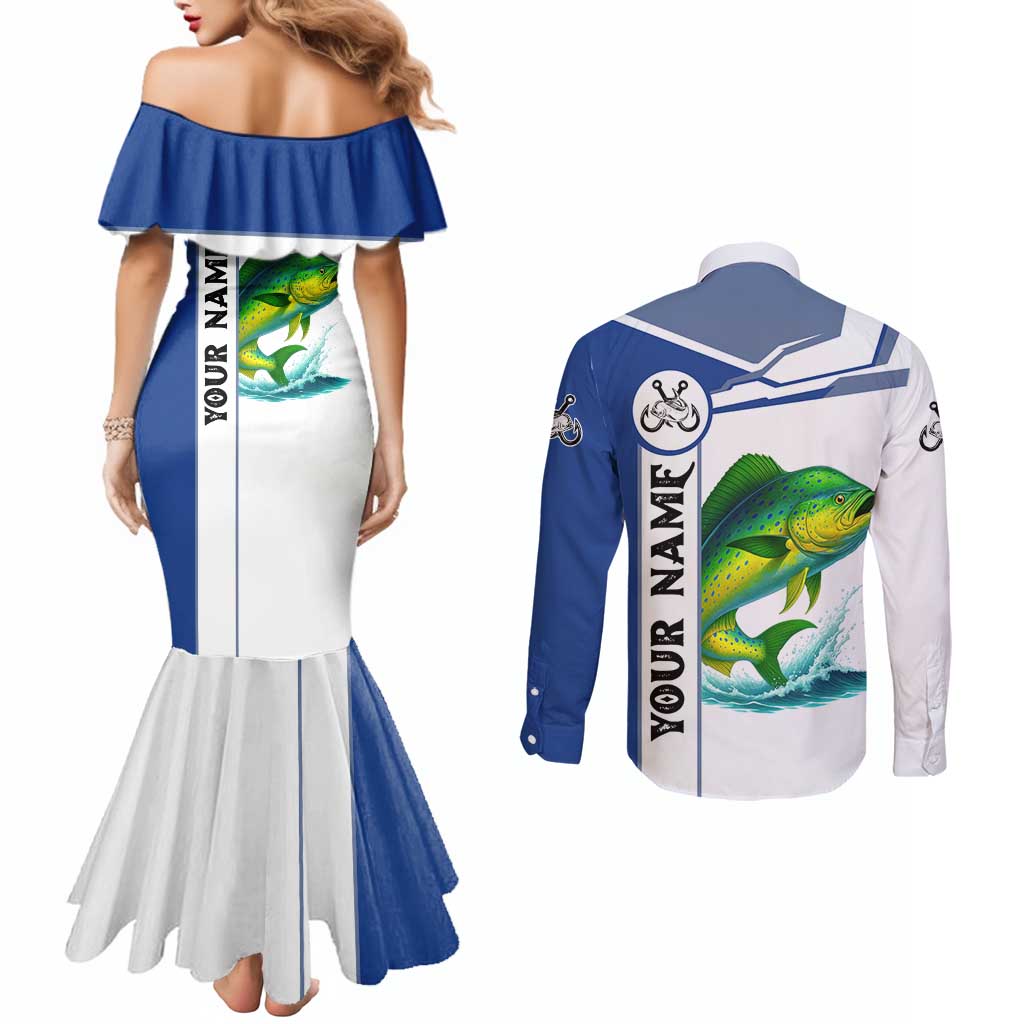 Mahi Mahi Fish Couples Matching Mermaid Dress and Long Sleeve Button Shirt Nautical Anchors and Wave Splash on White and Blue Split Background - Wonder Print Shop