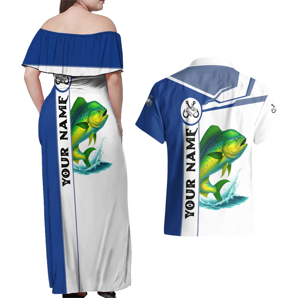 Mahi Mahi Fish Couples Matching Off Shoulder Maxi Dress and Hawaiian Shirt Nautical Anchors and Wave Splash on White and Blue Split Background - Wonder Print Shop