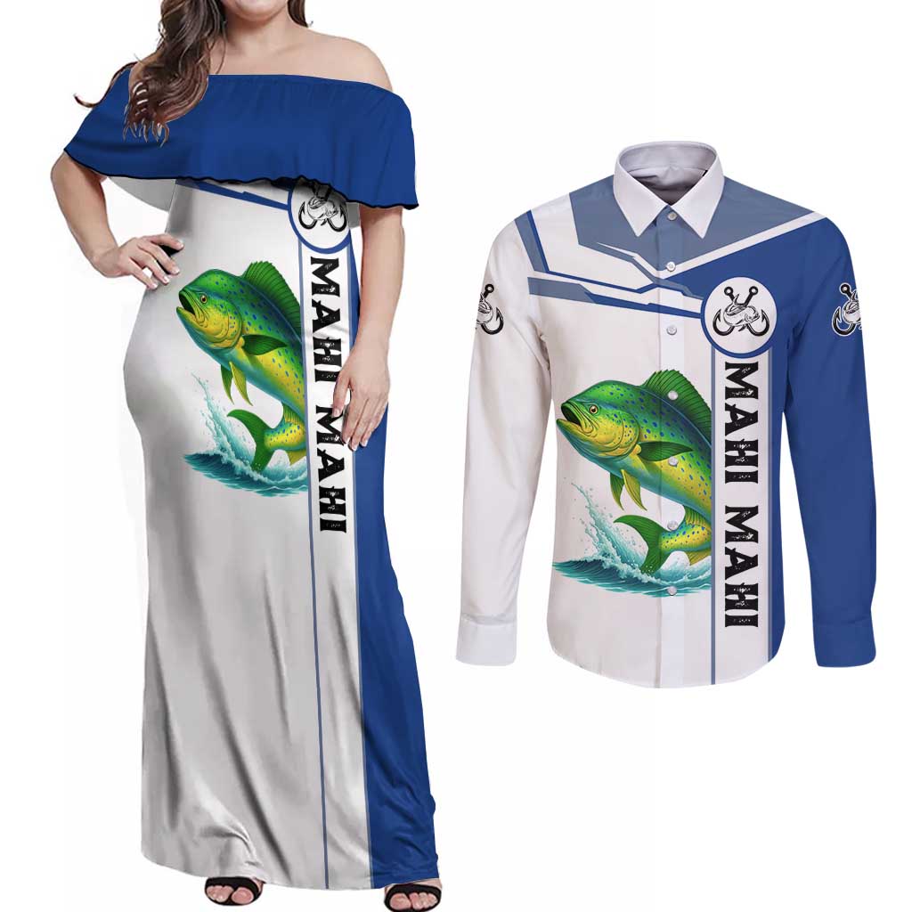 Mahi Mahi Fish Couples Matching Off Shoulder Maxi Dress and Long Sleeve Button Shirt Nautical Anchors and Wave Splash on White and Blue Split Background - Wonder Print Shop