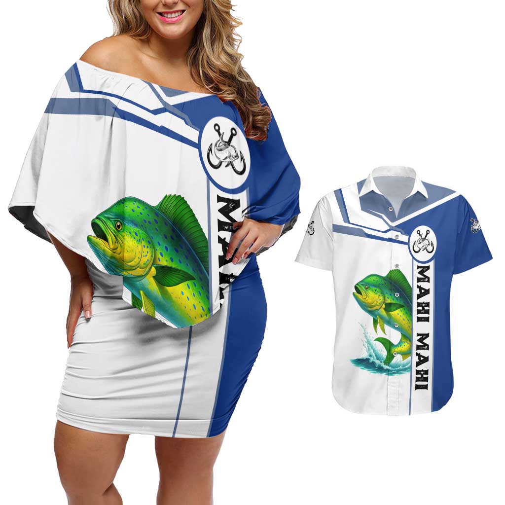 Mahi Mahi Fish Couples Matching Off Shoulder Short Dress and Hawaiian Shirt Nautical Anchors and Wave Splash on White and Blue Split Background - Wonder Print Shop