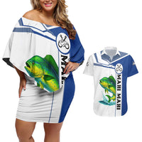 Mahi Mahi Fish Couples Matching Off Shoulder Short Dress and Hawaiian Shirt Nautical Anchors and Wave Splash on White and Blue Split Background - Wonder Print Shop