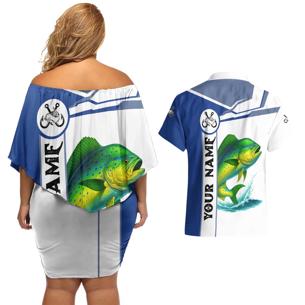 Mahi Mahi Fish Couples Matching Off Shoulder Short Dress and Hawaiian Shirt Nautical Anchors and Wave Splash on White and Blue Split Background - Wonder Print Shop