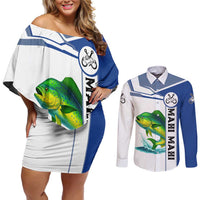 Mahi Mahi Fish Couples Matching Off Shoulder Short Dress and Long Sleeve Button Shirt Nautical Anchors and Wave Splash on White and Blue Split Background - Wonder Print Shop