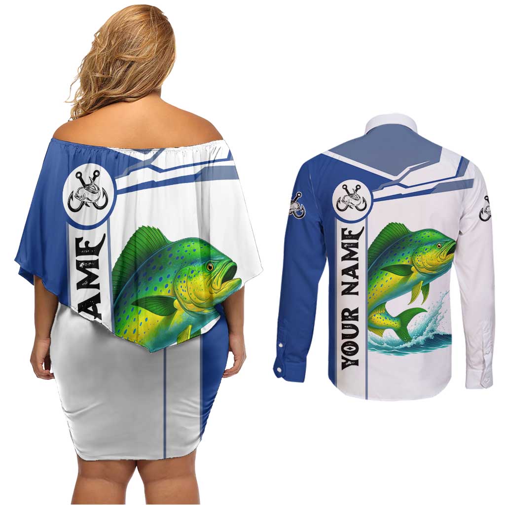 Mahi Mahi Fish Couples Matching Off Shoulder Short Dress and Long Sleeve Button Shirt Nautical Anchors and Wave Splash on White and Blue Split Background - Wonder Print Shop