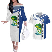 Mahi Mahi Fish Couples Matching Off The Shoulder Long Sleeve Dress and Hawaiian Shirt Nautical Anchors and Wave Splash on White and Blue Split Background - Wonder Print Shop
