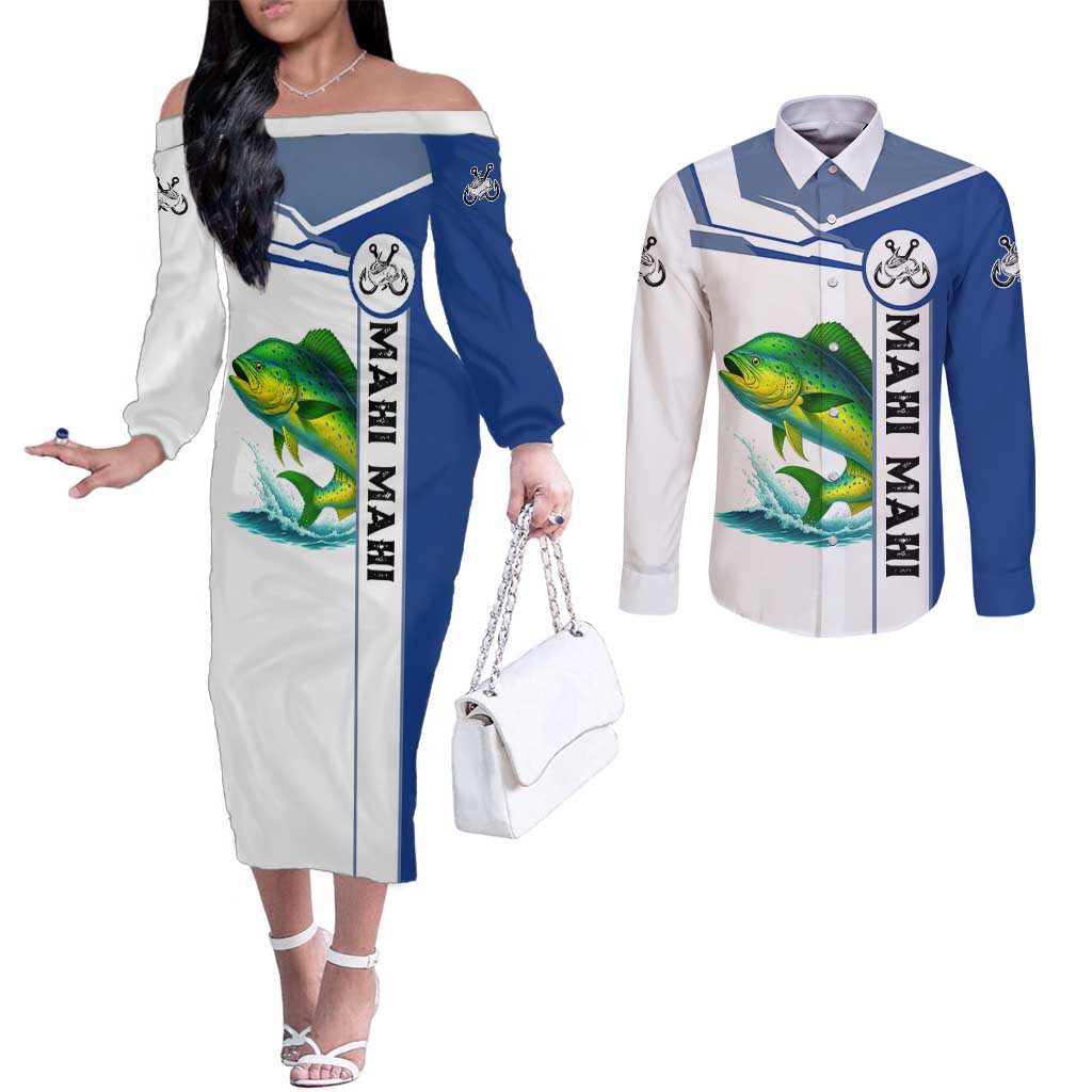 Mahi Mahi Fish Couples Matching Off The Shoulder Long Sleeve Dress and Long Sleeve Button Shirt Nautical Anchors and Wave Splash on White and Blue Split Background - Wonder Print Shop