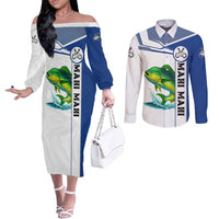 Mahi Mahi Fish Couples Matching Off The Shoulder Long Sleeve Dress and Long Sleeve Button Shirt Nautical Anchors and Wave Splash on White and Blue Split Background - Wonder Print Shop